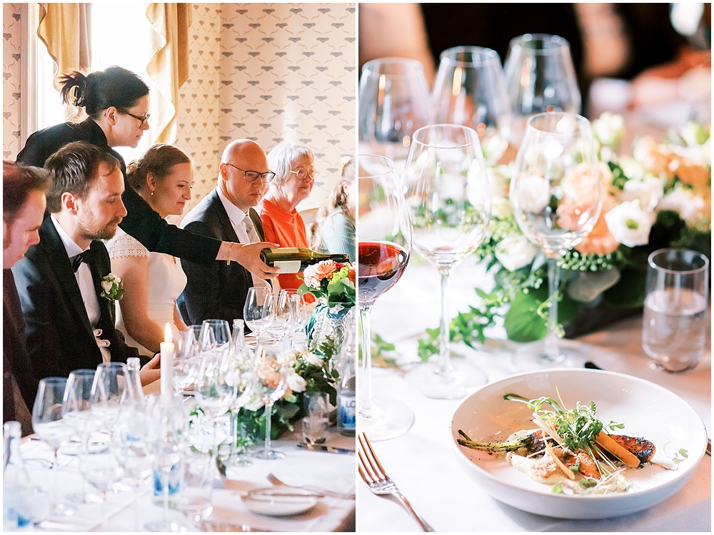 Taste menu wedding dinner at Grythyttans boutique hotel during intimate destination elopement wedding