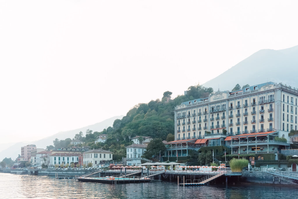 The Grand hotel Tremezzo with it's pool and dock in the sunset