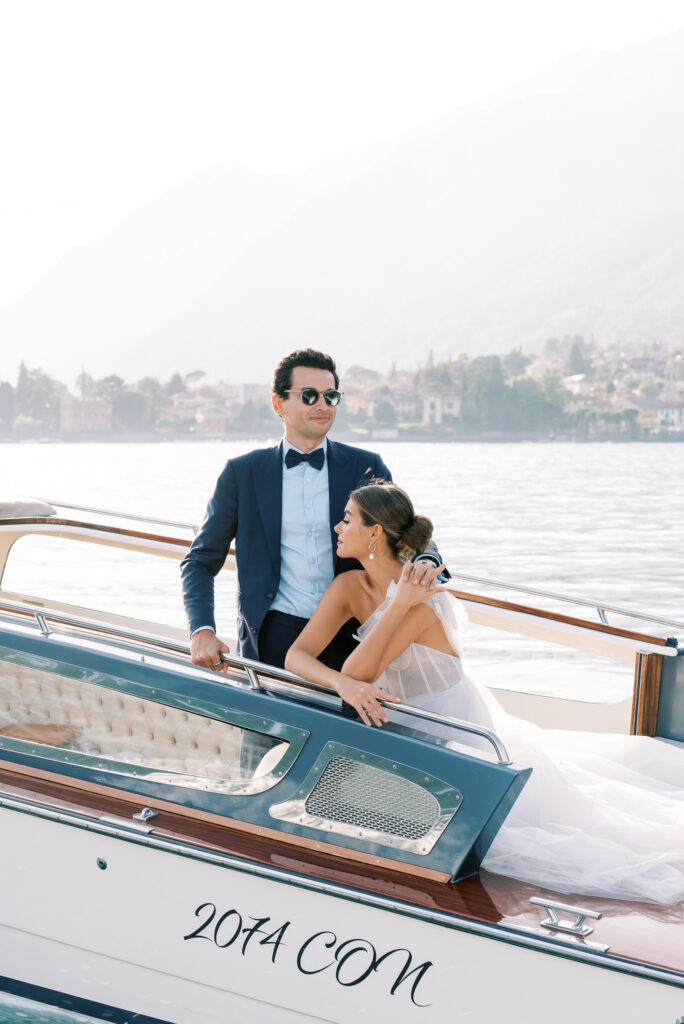 Lake Como elopement wedding at a vintage cigarette boat