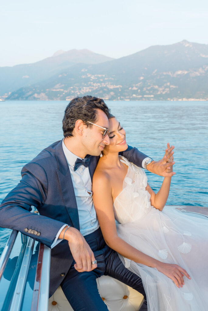Wedding portrait on a classic boat by the Grand Hotel Tremezzo